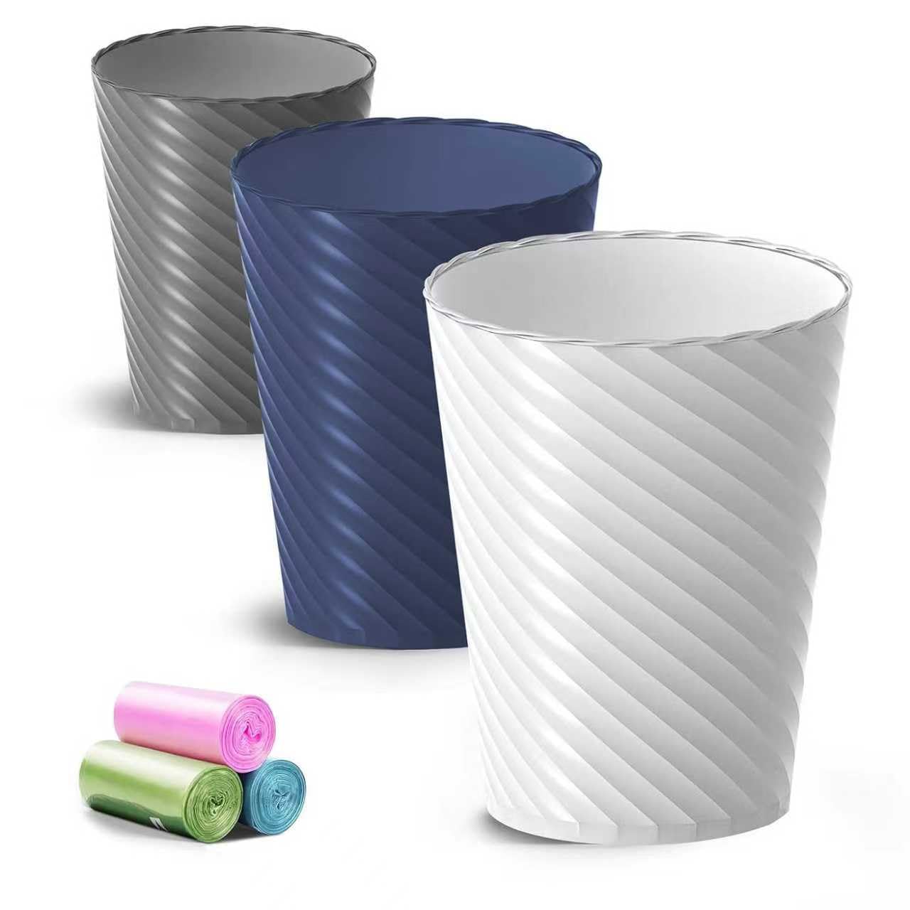 Bathroom Trash Can, 3 Pack 1.8 Gallons Small Trash Can with Trash Bags, Bathroom Garbage Can, Plastic Trash Bin, Round Waste Basket for Living Room, Bedroom, Office, Kitchen, Compact Space (White)
