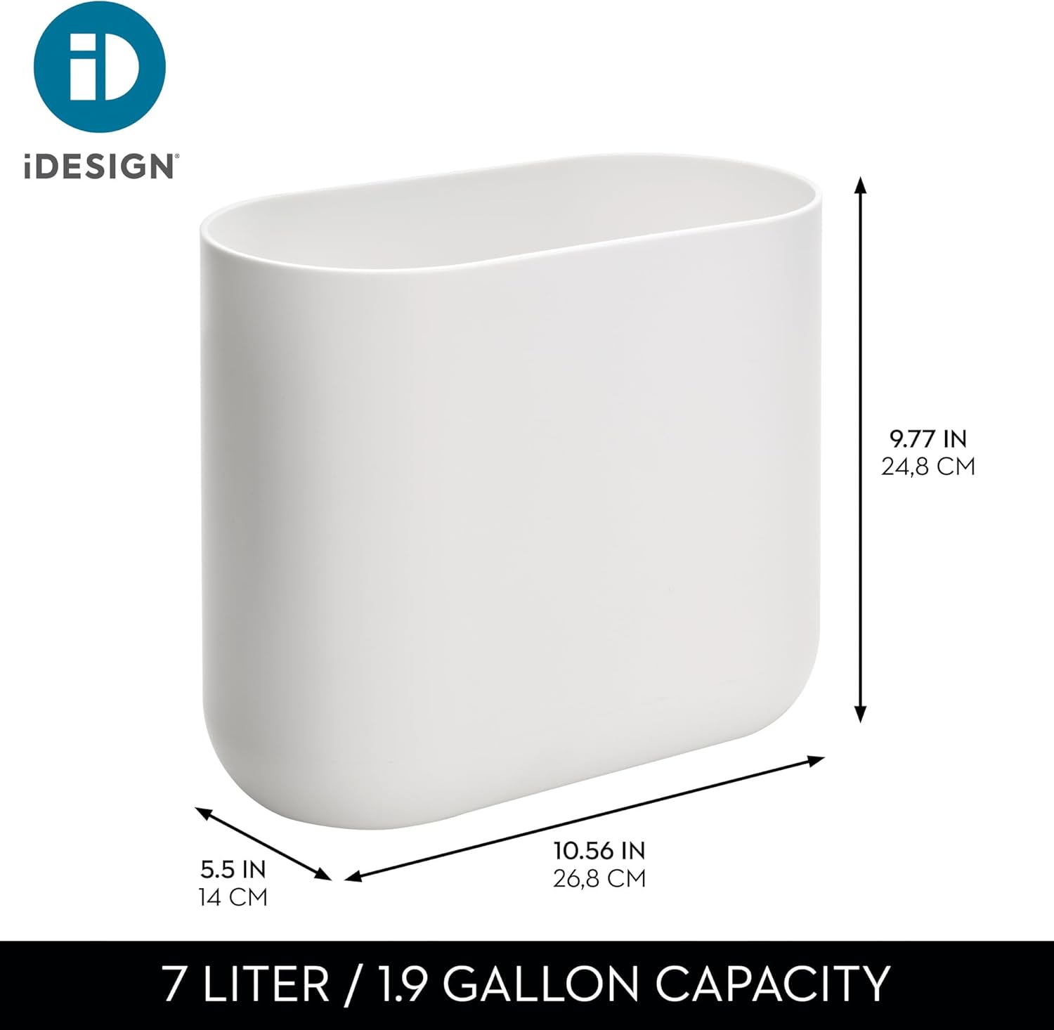 iDesign Small Slim Plastic Bathroom Trash Can, Garbage Can for Bedroom, Office, Desk, Dorm, White