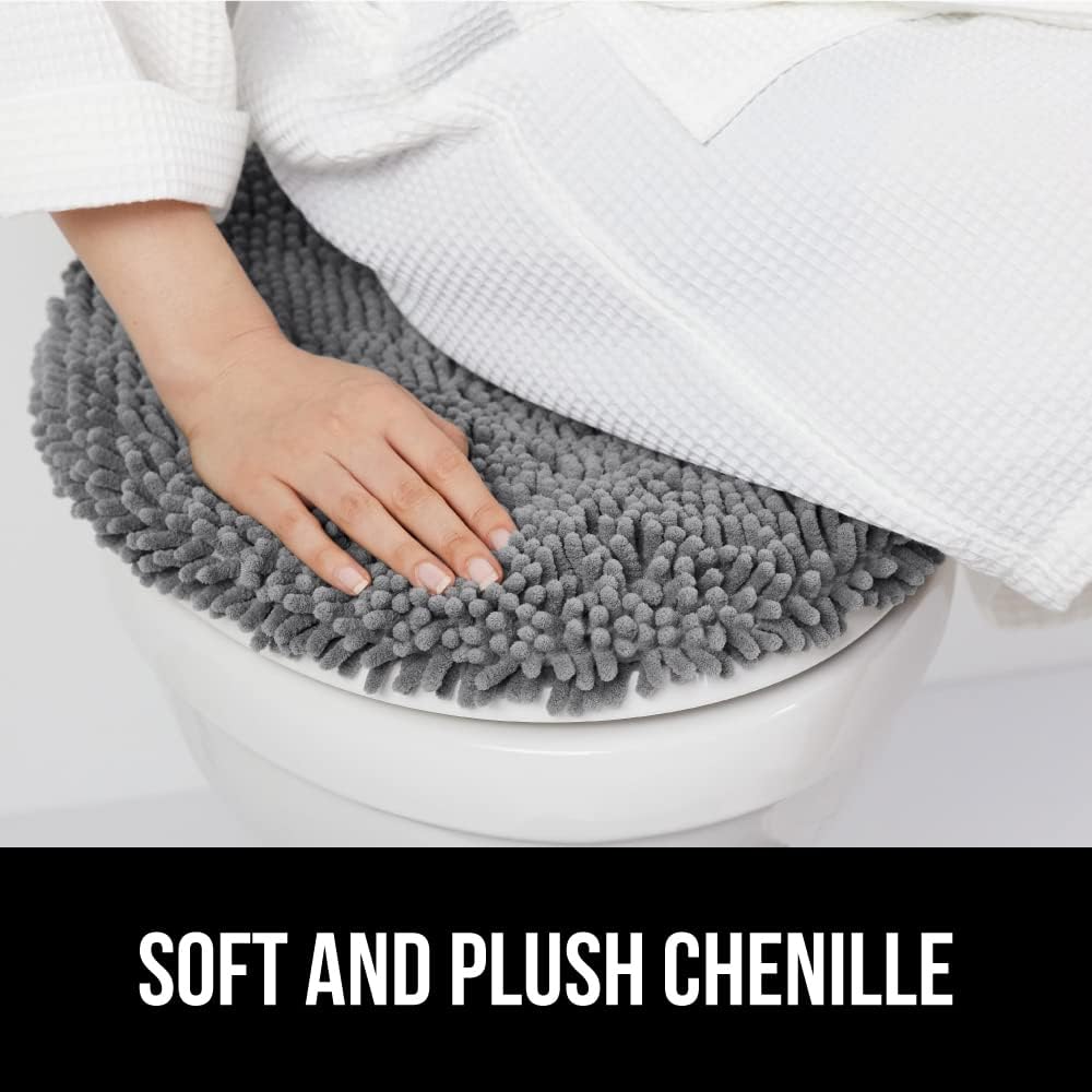 GORILLA GRIP Soft Chenille Bathroom Toilet Lid Cover, Machine Washable Seat Covers, 19.5x18.5, Stays in Place Rubber Backing, Fits Most Round, Elongated and Oblong Lids, Accessories Decor, Grey
