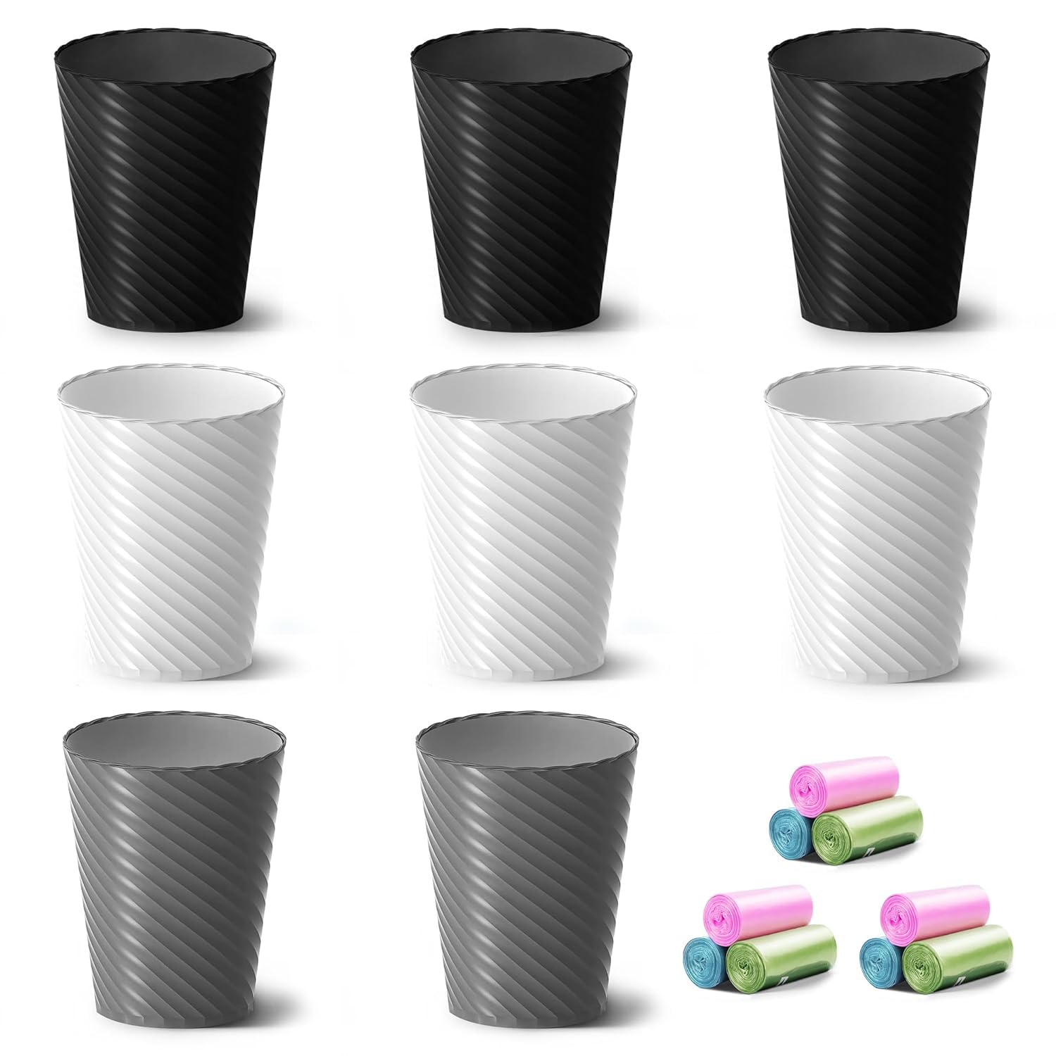 Bathroom Trash Can, 3 Pack 1.8 Gallons Small Trash Can with Trash Bags, Bathroom Garbage Can, Plastic Trash Bin, Round Waste Basket for Living Room, Bedroom, Office, Kitchen, Compact Space (White)