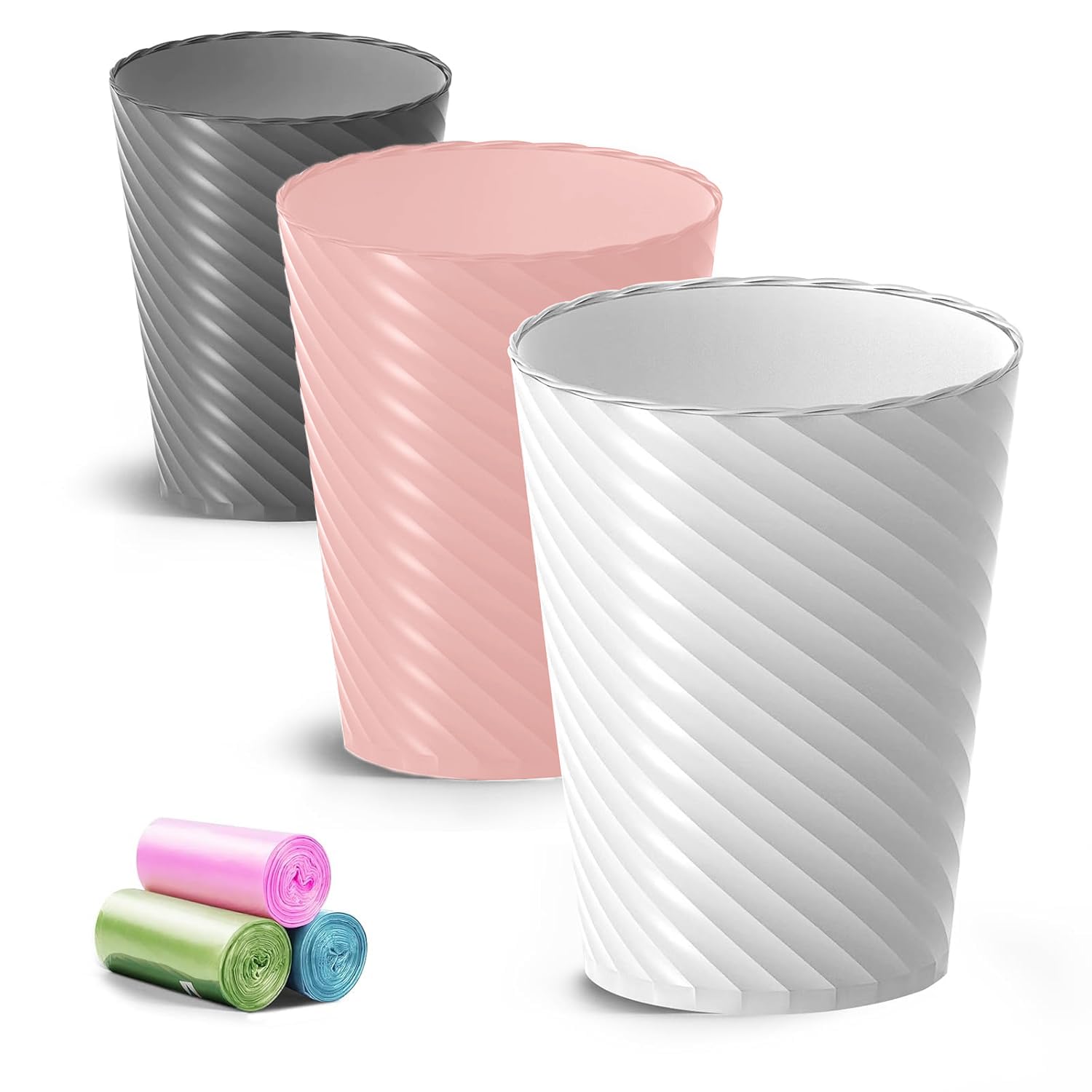 Bathroom Trash Can, 3 Pack 1.8 Gallons Small Trash Can with Trash Bags, Bathroom Garbage Can, Plastic Trash Bin, Round Waste Basket for Living Room, Bedroom, Office, Kitchen, Compact Space (White)