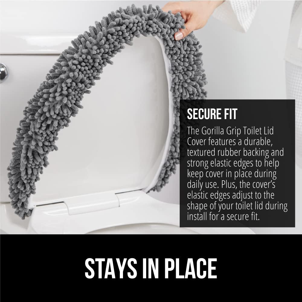 GORILLA GRIP Soft Chenille Bathroom Toilet Lid Cover, Machine Washable Seat Covers, 19.5x18.5, Stays in Place Rubber Backing, Fits Most Round, Elongated and Oblong Lids, Accessories Decor, Grey