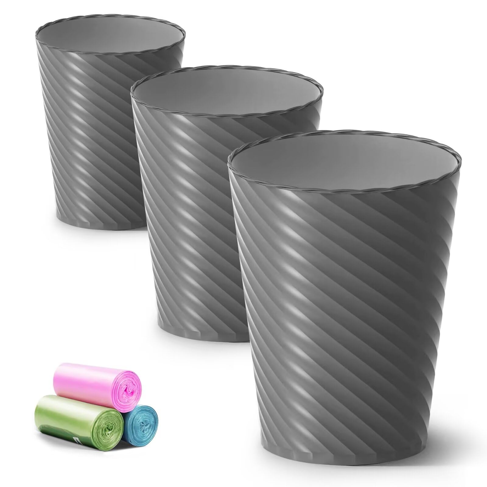 Bathroom Trash Can, 3 Pack 1.8 Gallons Small Trash Can with Trash Bags, Bathroom Garbage Can, Plastic Trash Bin, Round Waste Basket for Living Room, Bedroom, Office, Kitchen, Compact Space (White)