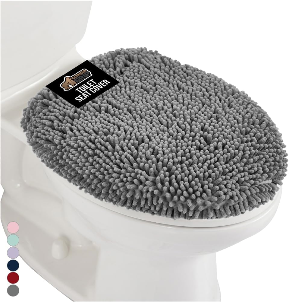 GORILLA GRIP Soft Chenille Bathroom Toilet Lid Cover, Machine Washable Seat Covers, 19.5x18.5, Stays in Place Rubber Backing, Fits Most Round, Elongated and Oblong Lids, Accessories Decor, Grey