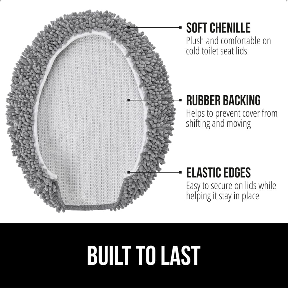 GORILLA GRIP Soft Chenille Bathroom Toilet Lid Cover, Machine Washable Seat Covers, 19.5x18.5, Stays in Place Rubber Backing, Fits Most Round, Elongated and Oblong Lids, Accessories Decor, Grey