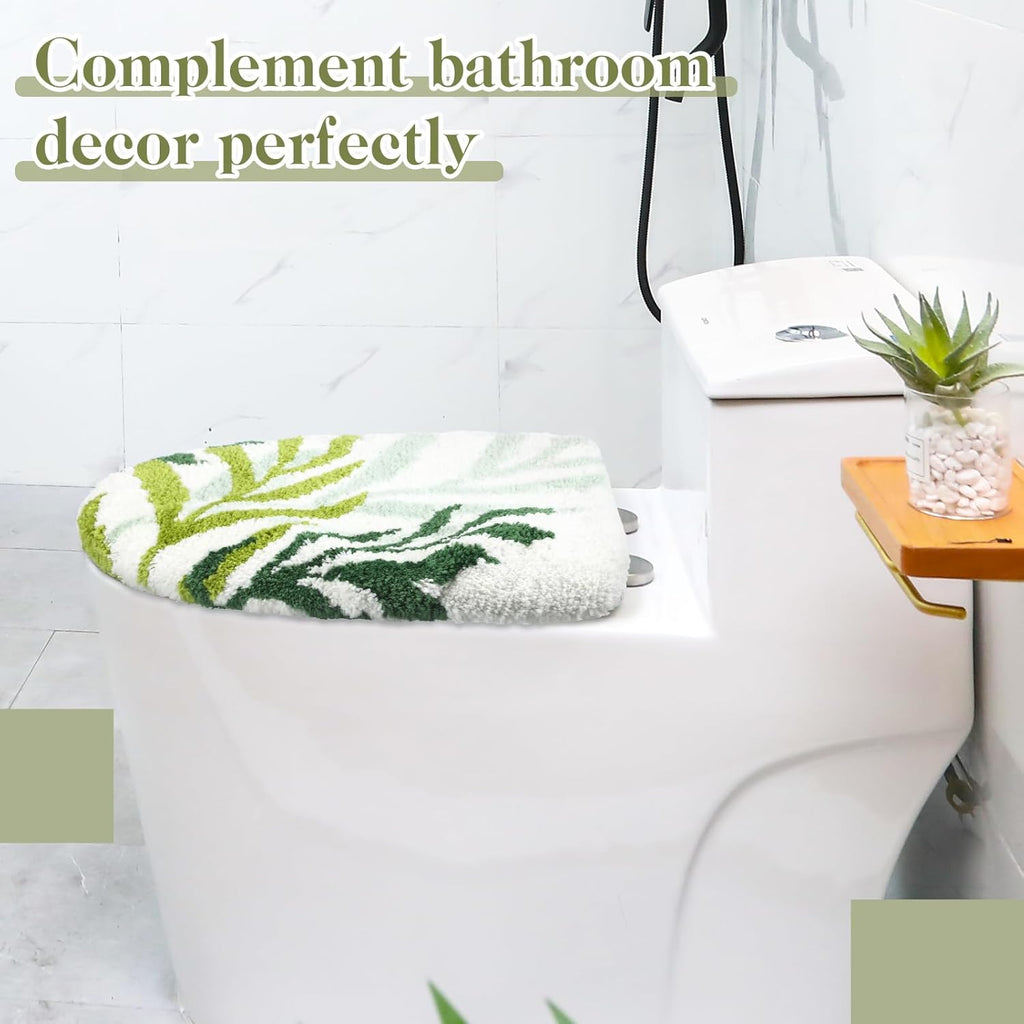 Mindsoft Green Leaves Toilet Seat Covers Bathroom Toilet Lid Cover Soft Microfiber 17.5'' x 15'' Plush Tufted, Machine Washable, Adjustable Rubber Backing Fits Most Round Elongated Oblong Lids