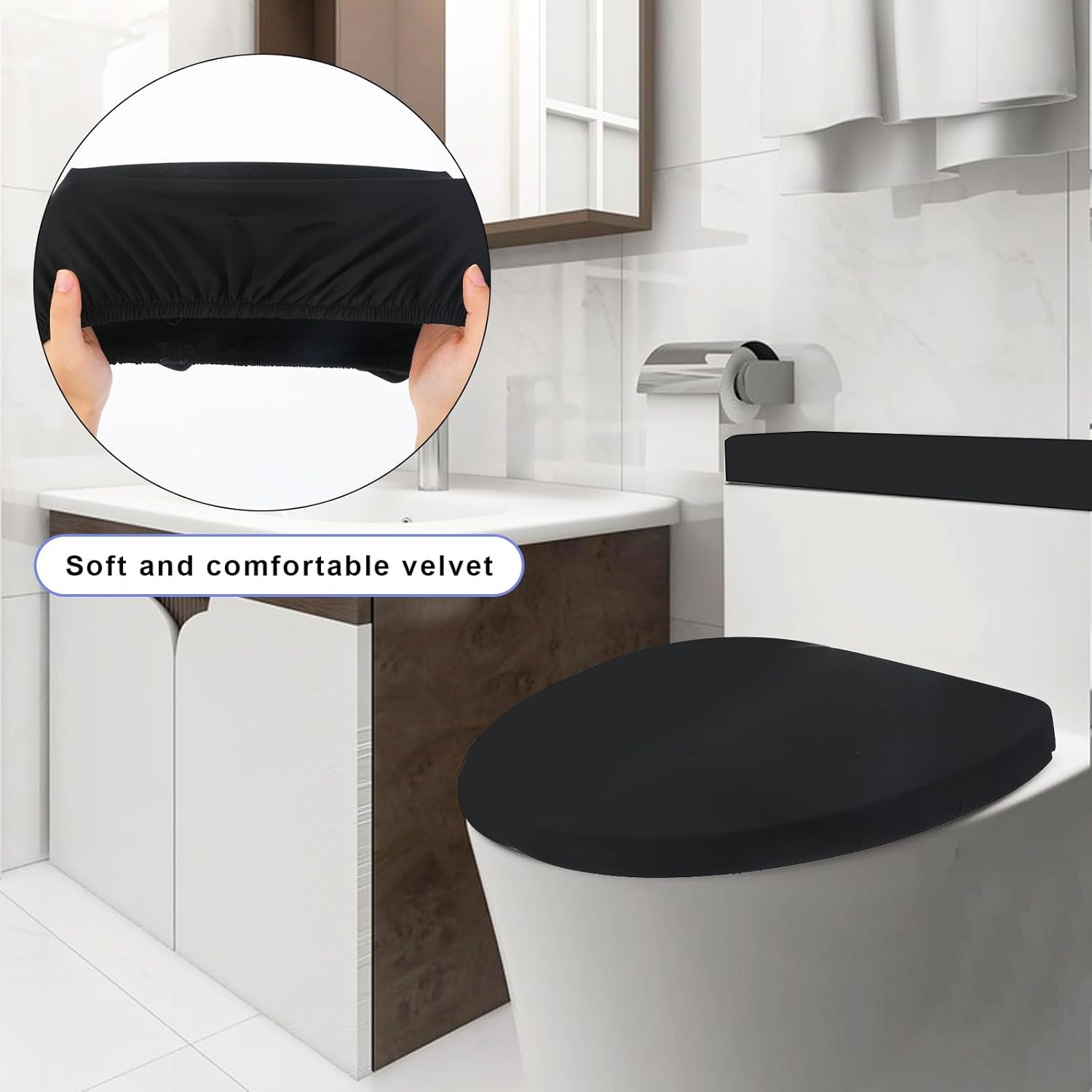 Sliverdew Toilet Lid Cover and Toilet Tank Lid Cover Toilet Cover with Elastic Bottom Fabric Cover for A Lid Toilet Tank Toilet Top Cover Back of Toilet Tank Cover Replacement (Black)