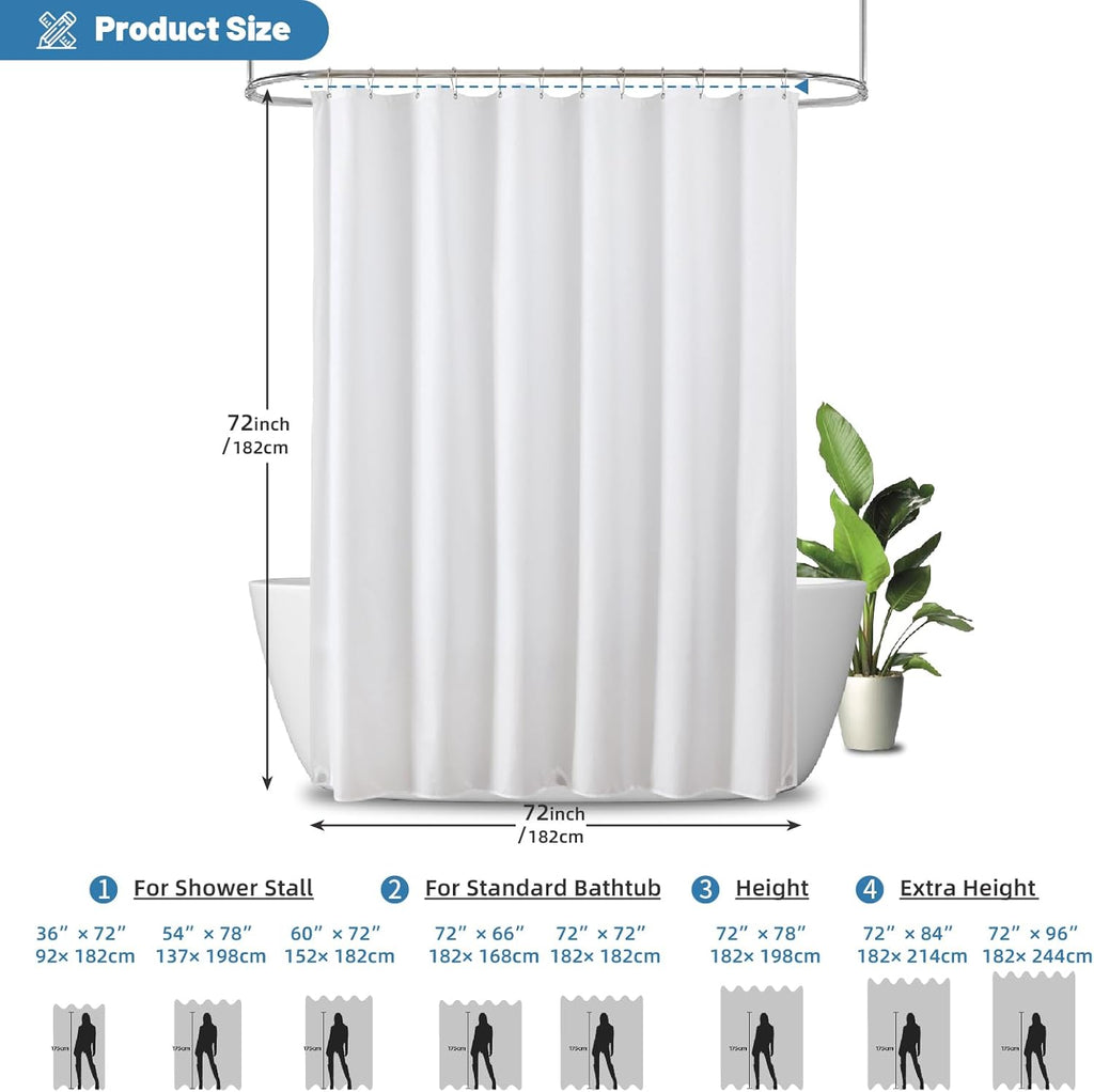 Water-Repellent Fabric Shower Curtain Liner - Hotel Quality Machine Washable, 3 Heavy-Duty Magnets with Rustproof Grommets & Weighted Hem, Standard Size 72x72in White