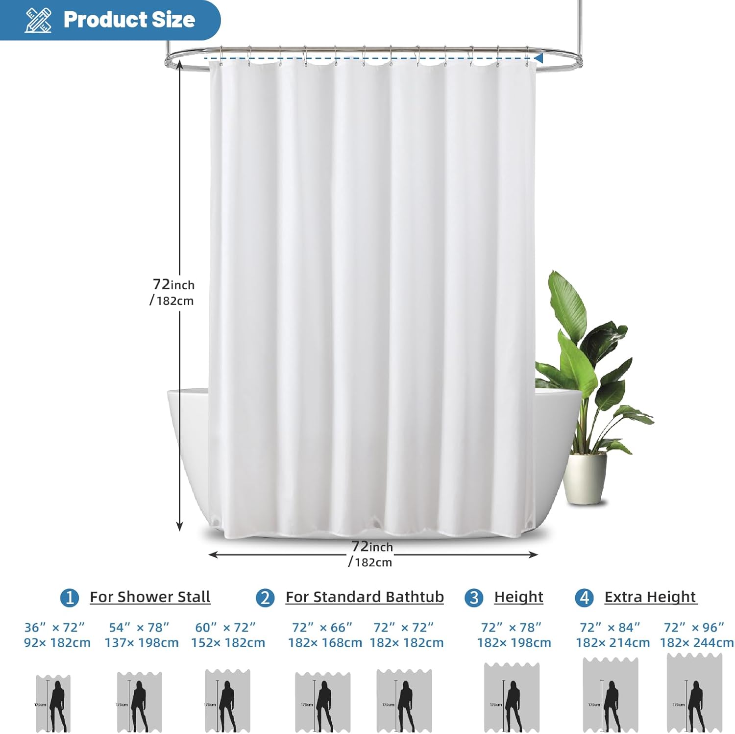 Water-Repellent Fabric Shower Curtain Liner - Hotel Quality Machine Washable, 3 Heavy-Duty Magnets with Rustproof Grommets & Weighted Hem, Standard Size 72x72in White