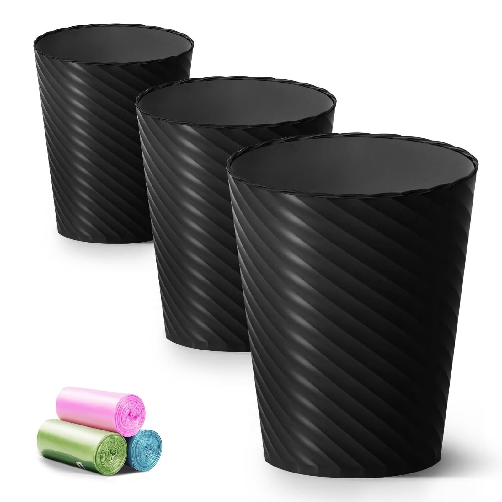 Bathroom Trash Can, 3 Pack 1.8 Gallons Small Trash Can with Trash Bags, Bathroom Garbage Can, Plastic Trash Bin, Round Waste Basket for Living Room, Bedroom, Office, Kitchen, Compact Space (White)
