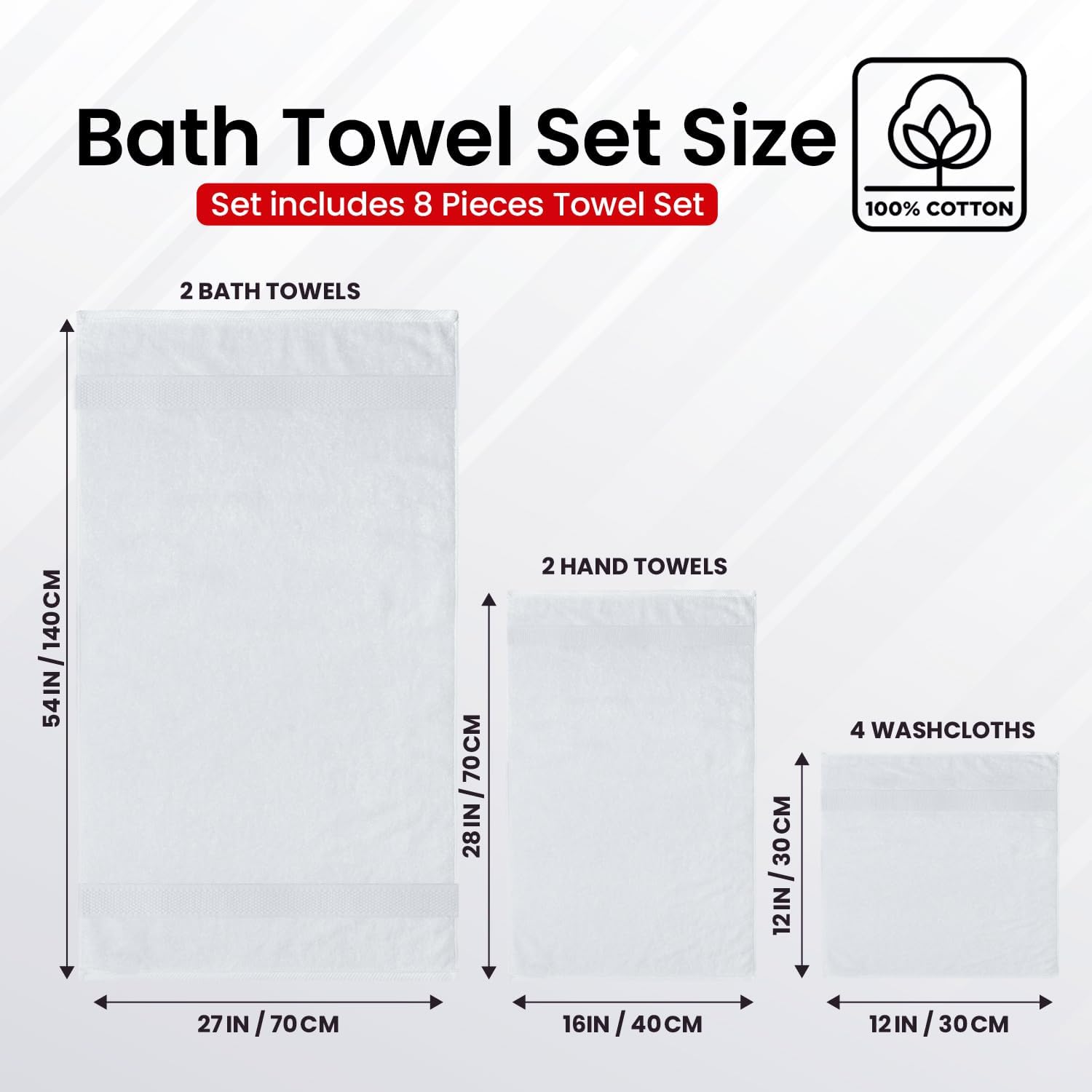 Infinitee Xclusives Luxury 100% Cotton Towel Set – 8 Piece Bathroom Towel Set (2 Bath Towels, 2 Hand Towels, 4 Washcloths) – Soft & Absorbent Towels for Bathroom (Brilliant White)