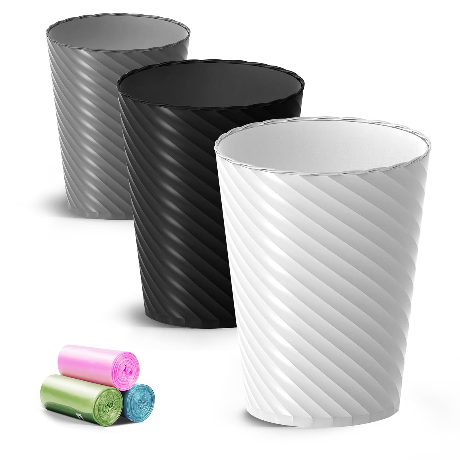 Bathroom Trash Can, 3 Pack 1.8 Gallons Small Trash Can with Trash Bags, Bathroom Garbage Can, Plastic Trash Bin, Round Waste Basket for Living Room, Bedroom, Office, Kitchen, Compact Space (White)