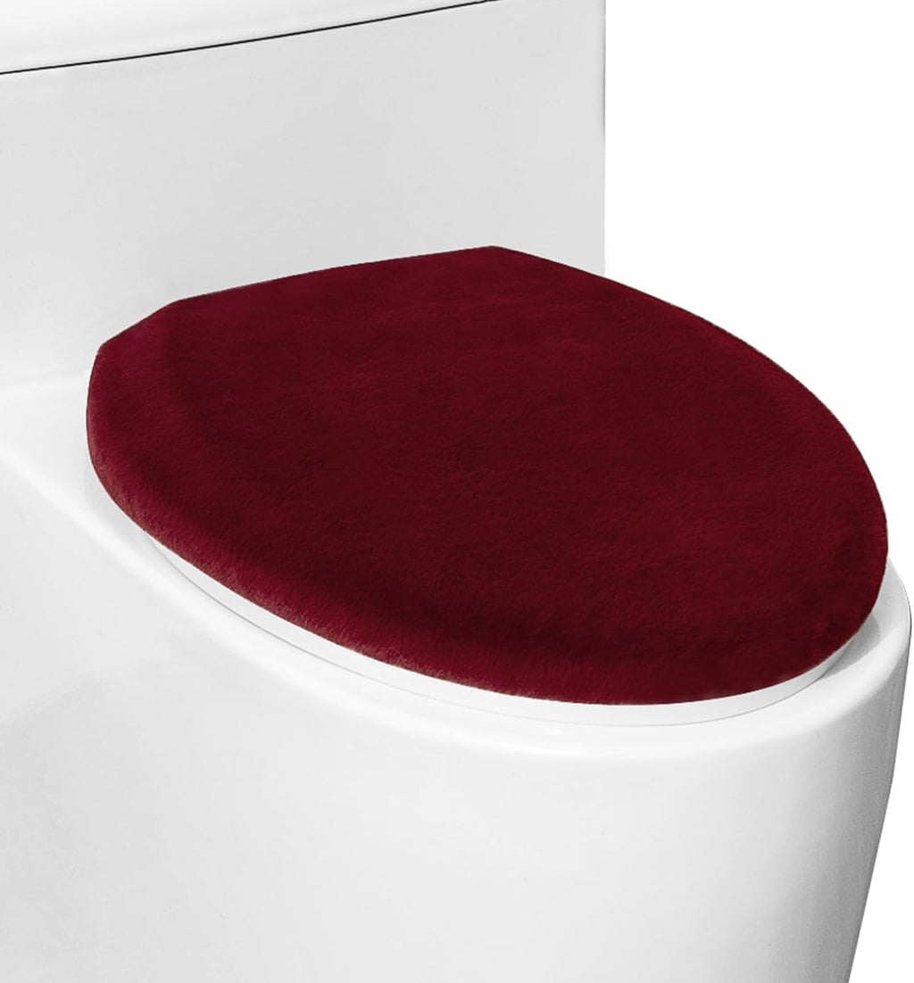 Comfortable Soft Plush Toilet Lid Cover for Bathroom, Machine Washable Toilet Seat Covers, Fits Most Round Elongated and Oblong Lids, Easy Installation& Cleaning (Burgundy)