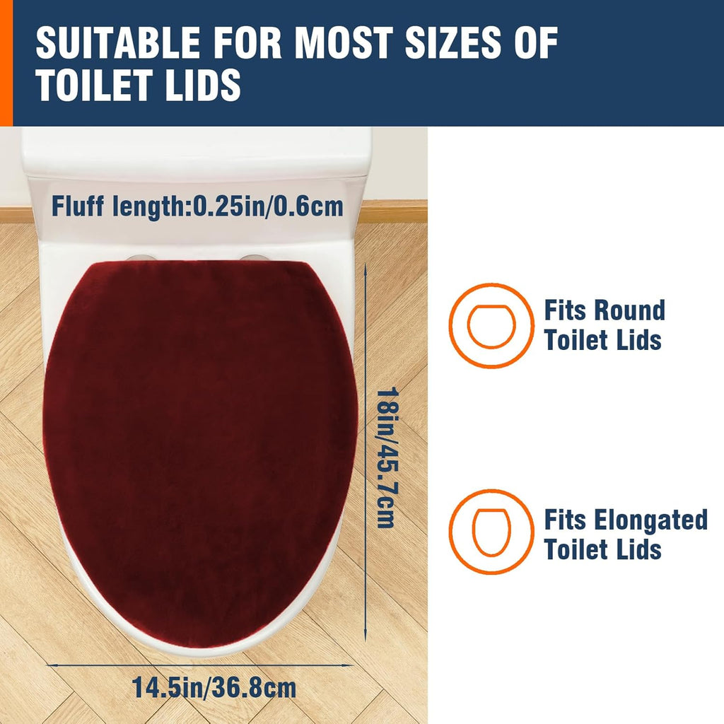 Comfortable Soft Plush Toilet Lid Cover for Bathroom, Machine Washable Toilet Seat Covers, Fits Most Round Elongated and Oblong Lids, Easy Installation& Cleaning (Burgundy)