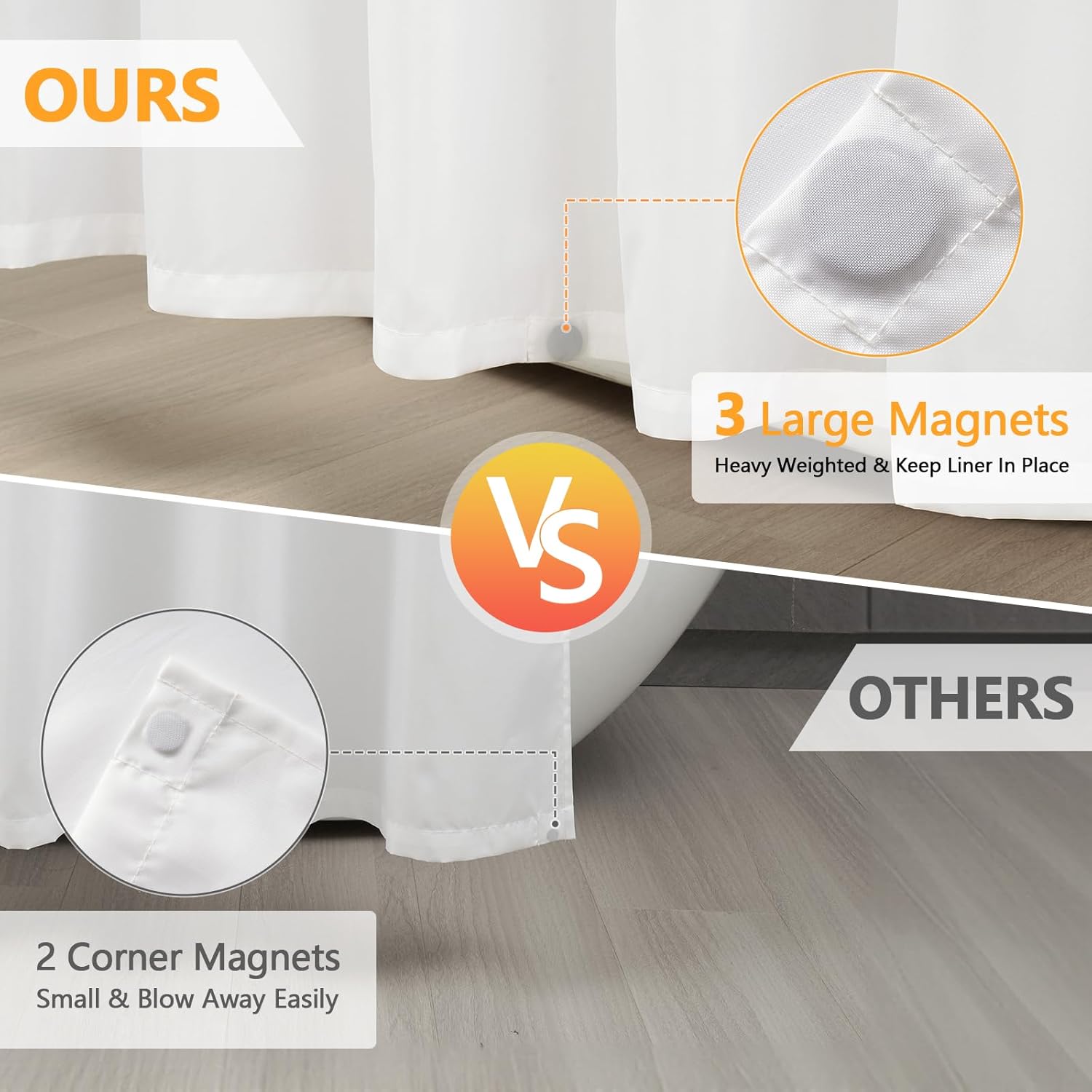 Seenus Waterproof Fabric Shower Curtain Liner with 3 Extra-Large Magnets, 72 x 72 inch Washable Cloth Shower Liner Odorless Hotel Quality, Neutral White Lightweight Shower Curtain for Bathroom