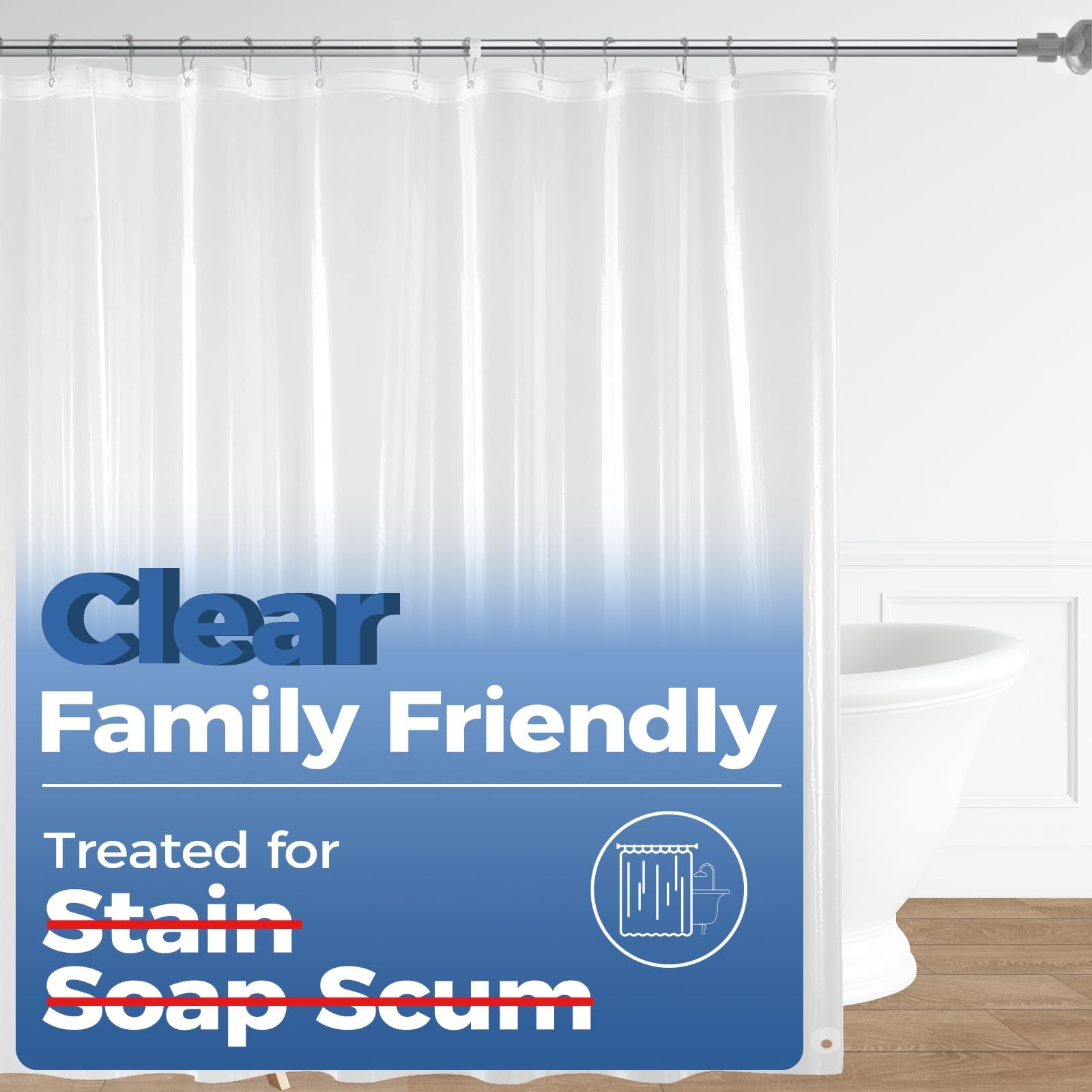 downluxe Shower Curtain Liner, PEVA Plastic Shower Liner with 3 Magnets, 72" x 72" Waterproof Bathroom Curtain, 4G Clear, 1 Pack