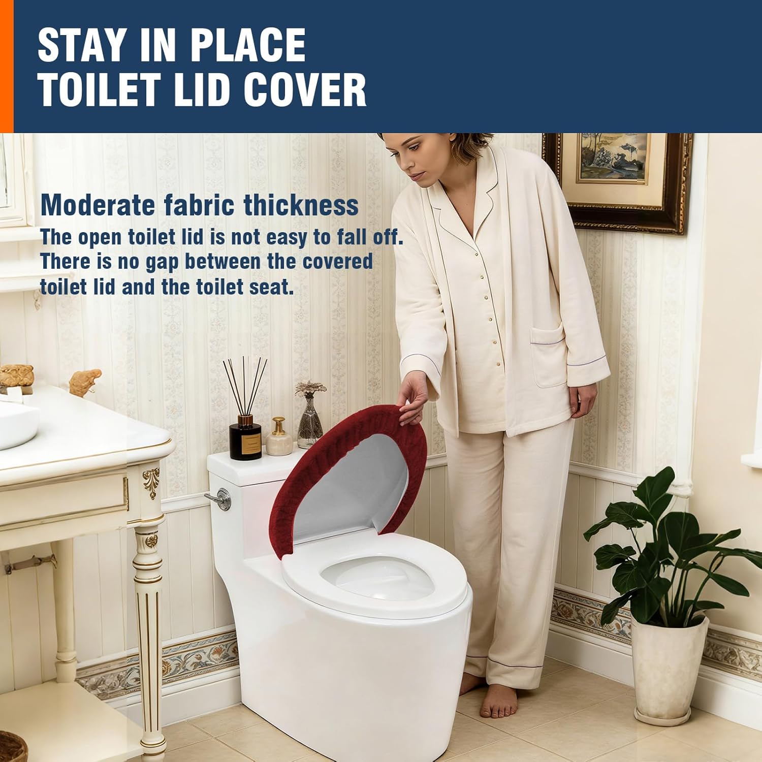 Comfortable Soft Plush Toilet Lid Cover for Bathroom, Machine Washable Toilet Seat Covers, Fits Most Round Elongated and Oblong Lids, Easy Installation& Cleaning (Burgundy)