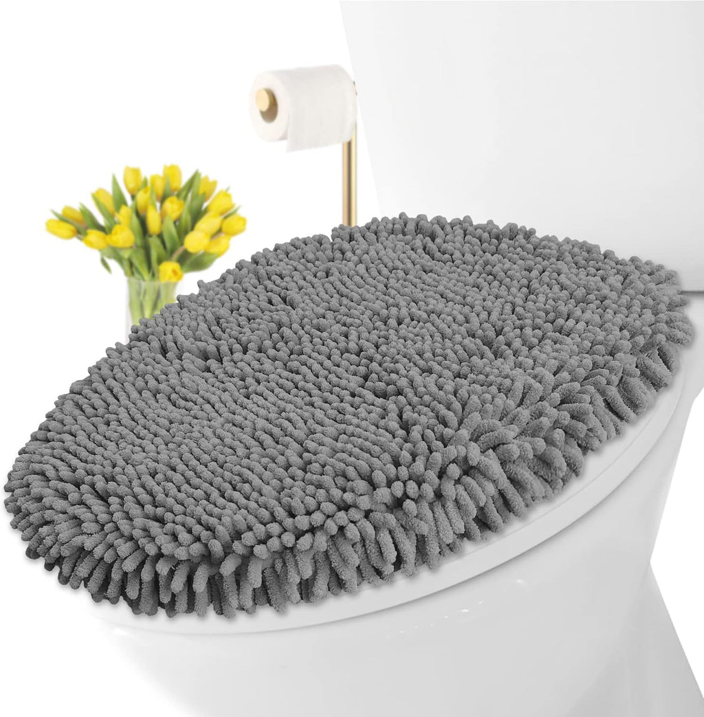 LuxUrux Toilet Lid Cover with Stretch Fit Elastic Band – Chenille Microfiber Toilet Seat Non-Slip Cover for Bathroom – Soft Plush, Machine Wash And Dry, Comfort & Clean Look (18 x 18'', Light Gray)
