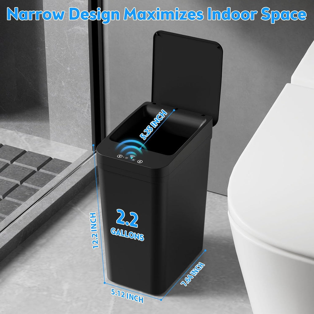 Bathroom Trash Can with Lid, KOEYLE 2 Pack 2.2 Gallon Automatic Touchless Garbage Can, Small Motion Sensor Smart Trash Can, Slim Waterproof Trash Bin for Bedroom, Bathroom, Office, Living Room (Black)