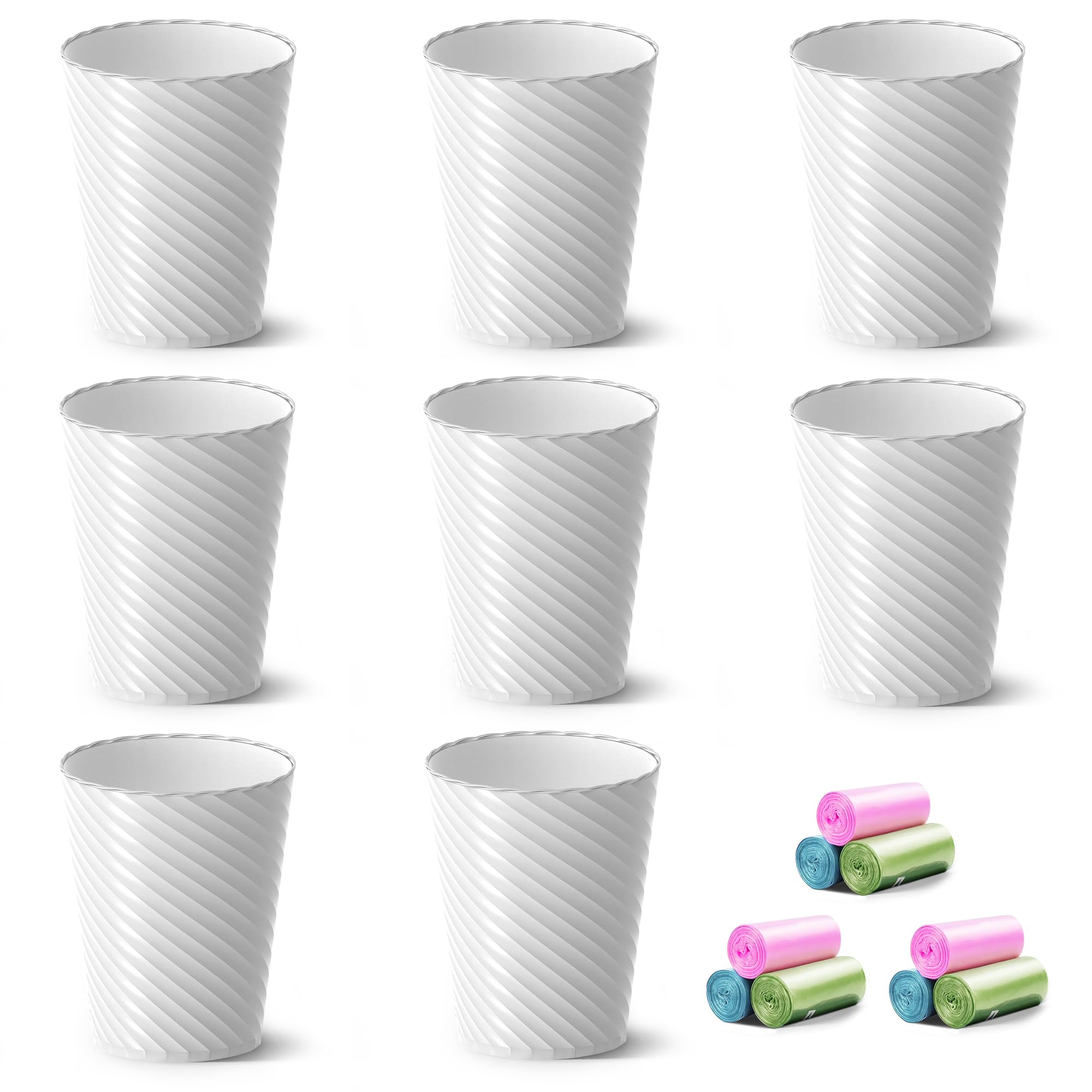 Bathroom Trash Can, 3 Pack 1.8 Gallons Small Trash Can with Trash Bags, Bathroom Garbage Can, Plastic Trash Bin, Round Waste Basket for Living Room, Bedroom, Office, Kitchen, Compact Space (White)
