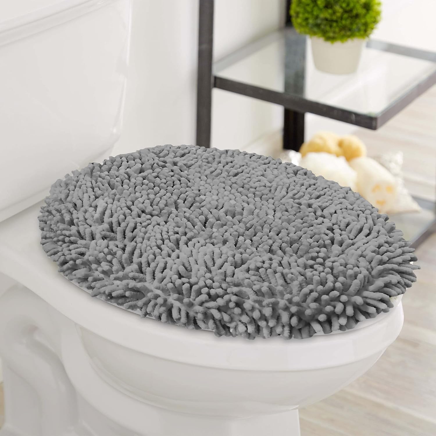 LuxUrux Toilet Lid Cover with Stretch Fit Elastic Band – Chenille Microfiber Toilet Seat Non-Slip Cover for Bathroom – Soft Plush, Machine Wash And Dry, Comfort & Clean Look (18 x 18'', Light Gray)