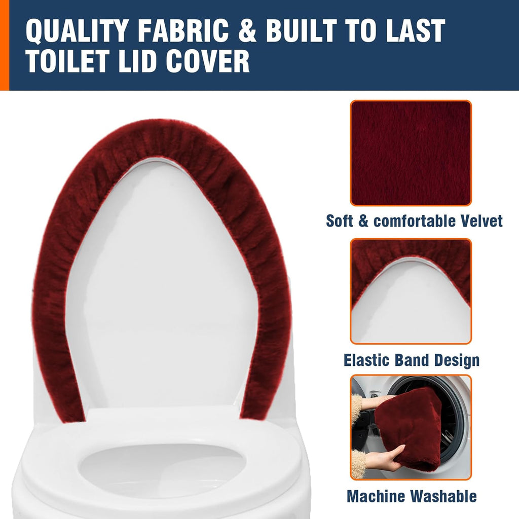 Comfortable Soft Plush Toilet Lid Cover for Bathroom, Machine Washable Toilet Seat Covers, Fits Most Round Elongated and Oblong Lids, Easy Installation& Cleaning (Burgundy)