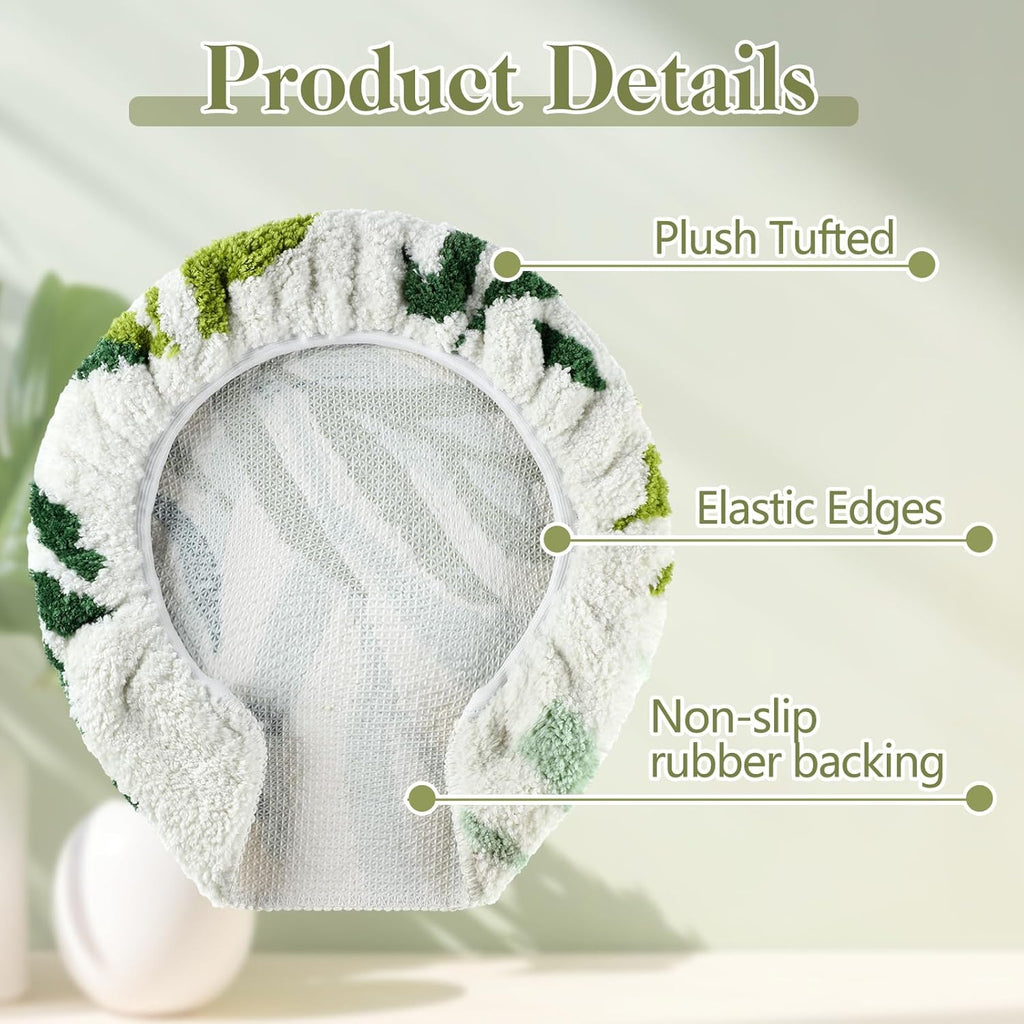 Mindsoft Green Leaves Toilet Seat Covers Bathroom Toilet Lid Cover Soft Microfiber 17.5'' x 15'' Plush Tufted, Machine Washable, Adjustable Rubber Backing Fits Most Round Elongated Oblong Lids