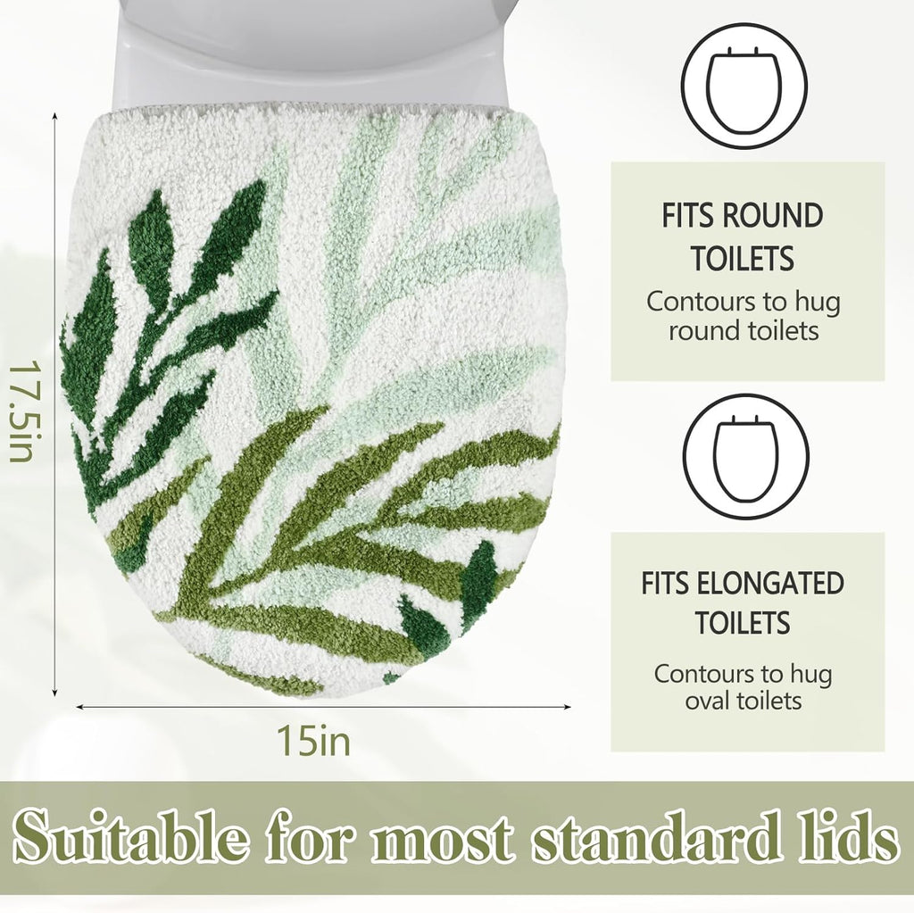Mindsoft Green Leaves Toilet Seat Covers Bathroom Toilet Lid Cover Soft Microfiber 17.5'' x 15'' Plush Tufted, Machine Washable, Adjustable Rubber Backing Fits Most Round Elongated Oblong Lids