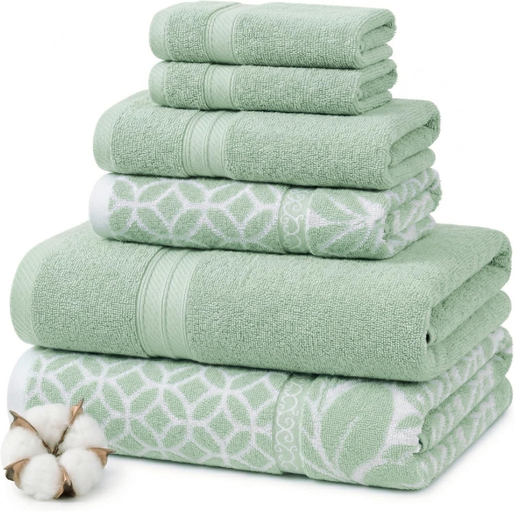 Modern Threads Botanical Vine 6-Piece 100% Cotton Towel Set – Reversible Yarn Dyed Jacquard – Includes 2 Bath Towels, 2 Hand Towels, 2 Washcloths – Absorbent, Quick Dry, Soft & Durable – Sage Green