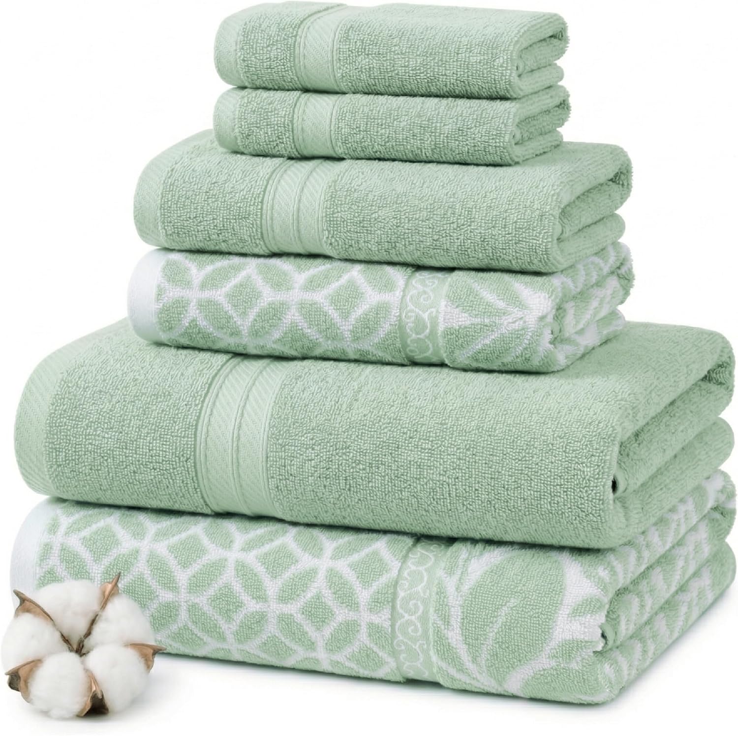 Modern Threads Botanical Vine 6-Piece 100% Cotton Towel Set – Reversible Yarn Dyed Jacquard – Includes 2 Bath Towels, 2 Hand Towels, 2 Washcloths – Absorbent, Quick Dry, Soft & Durable – Sage Green