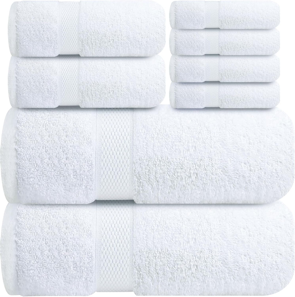 Infinitee Xclusives Luxury 100% Cotton Towel Set – 8 Piece Bathroom Towel Set (2 Bath Towels, 2 Hand Towels, 4 Washcloths) – Soft & Absorbent Towels for Bathroom (Brilliant White)