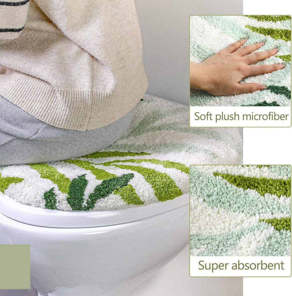 Mindsoft Green Leaves Toilet Seat Covers Bathroom Toilet Lid Cover Soft Microfiber 17.5'' x 15'' Plush Tufted, Machine Washable, Adjustable Rubber Backing Fits Most Round Elongated Oblong Lids