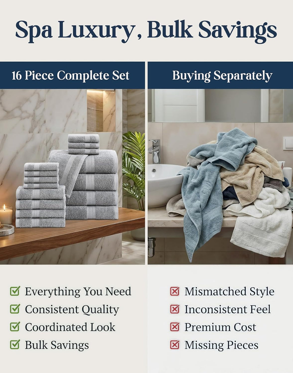 LANE LINEN 100% Cotton Turkish Towel Set for Bathroom - 16 Piece - Super Soft, Quick Dry & Highly Absorbent - 4 Bath, 8 Wash cloths, 4 Hand Towels - Hotel Quality, Durable & OEKO-TEX Certified - Grey