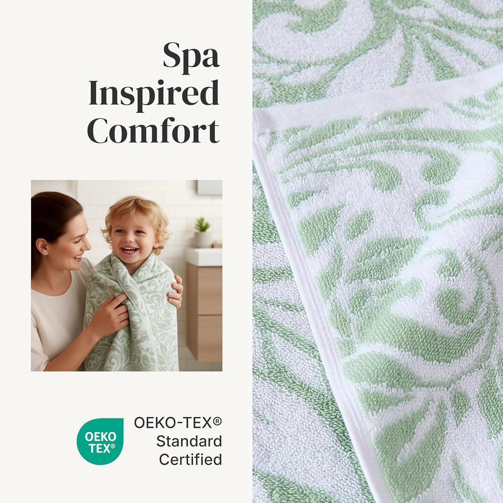 Modern Threads Botanical Vine 6-Piece 100% Cotton Towel Set – Reversible Yarn Dyed Jacquard – Includes 2 Bath Towels, 2 Hand Towels, 2 Washcloths – Absorbent, Quick Dry, Soft & Durable – Sage Green
