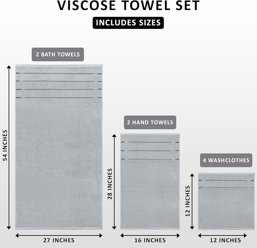 Utopia Towels 8 Piece Luxury Towel Set, 2 Bath, 2 Hand, and 4 Wash Cloths, 600 GSM Ring Spun Cotton, Highly Absorbent Viscose Stripe Towels, Ideal for Everyday use, Cool Grey