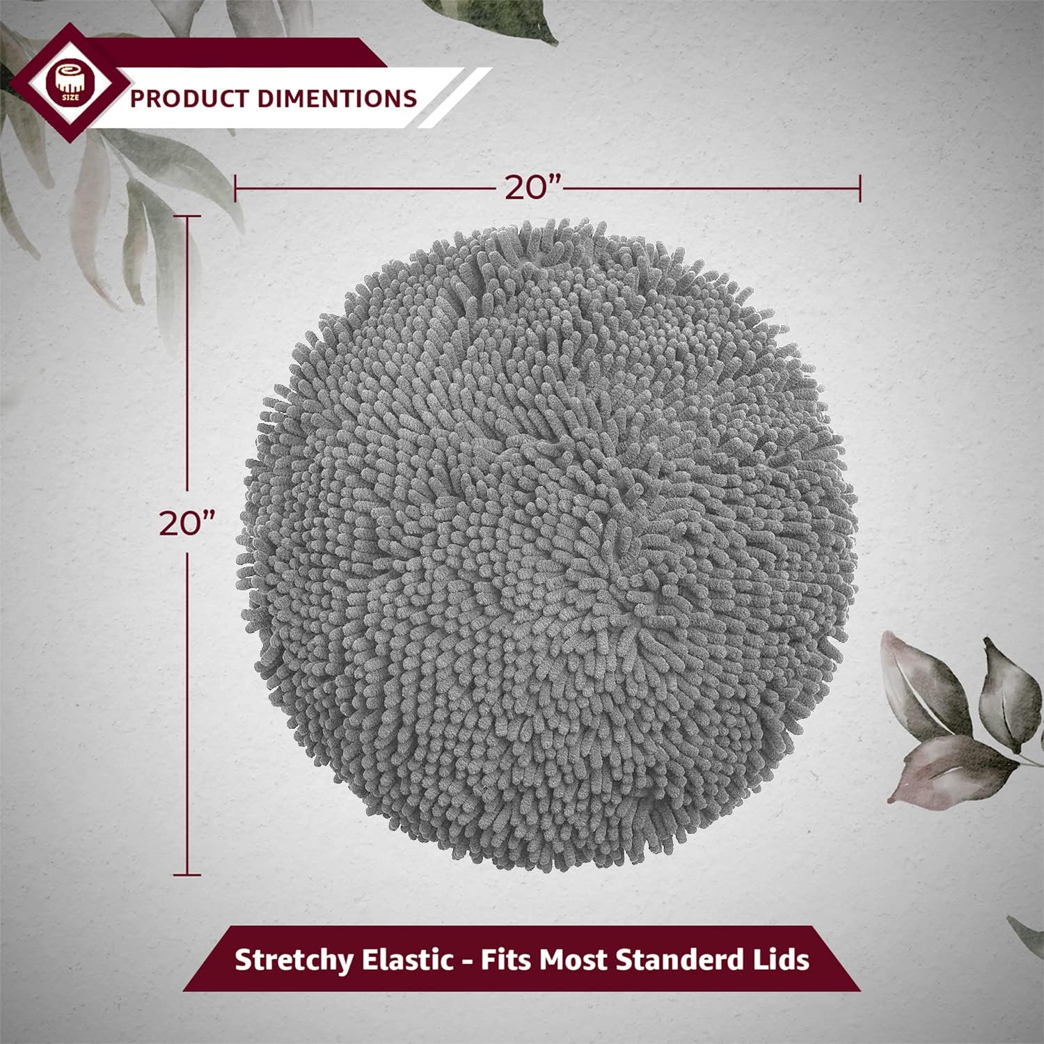 LuxUrux Toilet Lid Cover with Stretch Fit Elastic Band – Chenille Microfiber Toilet Seat Non-Slip Cover for Bathroom – Soft Plush, Machine Wash And Dry, Comfort & Clean Look (18 x 18'', Light Gray)