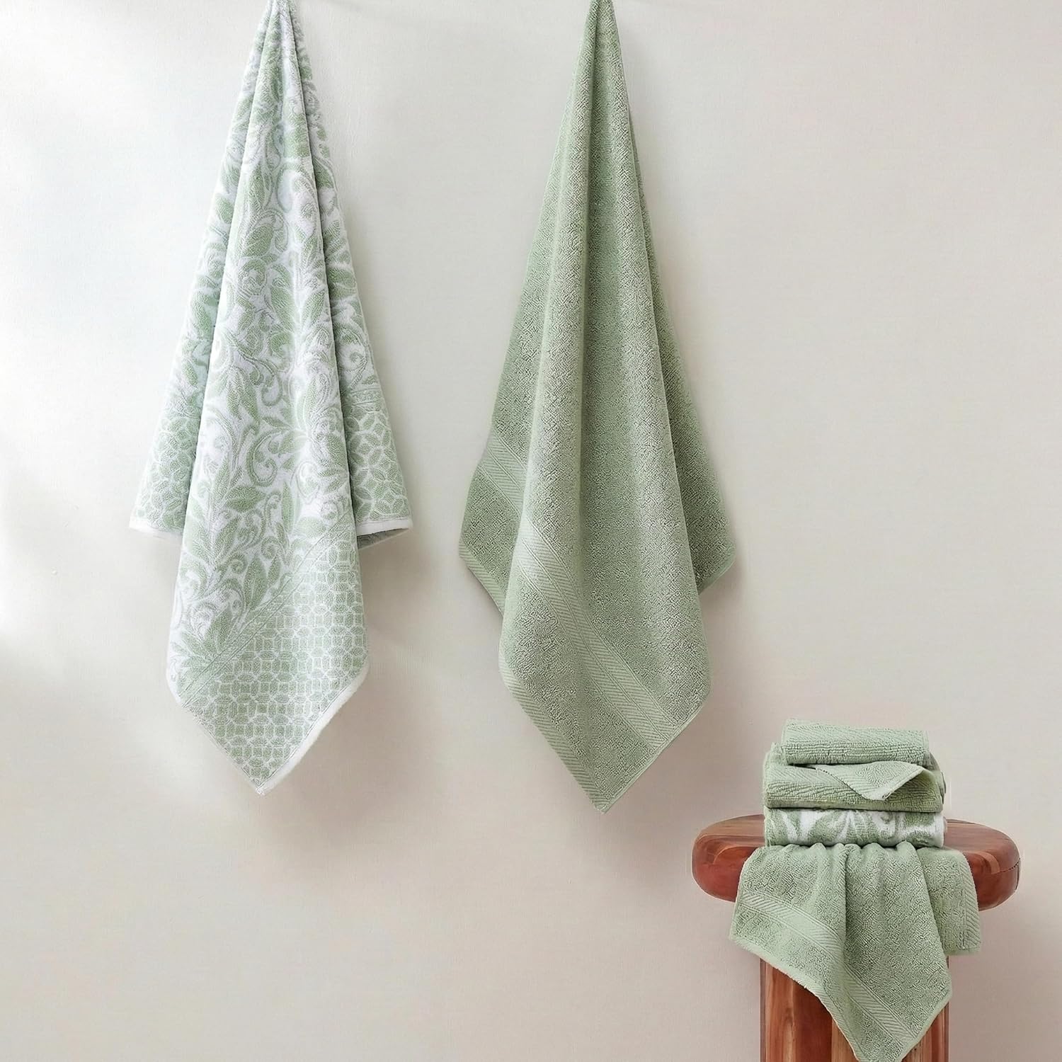Modern Threads Botanical Vine 6-Piece 100% Cotton Towel Set – Reversible Yarn Dyed Jacquard – Includes 2 Bath Towels, 2 Hand Towels, 2 Washcloths – Absorbent, Quick Dry, Soft & Durable – Sage Green