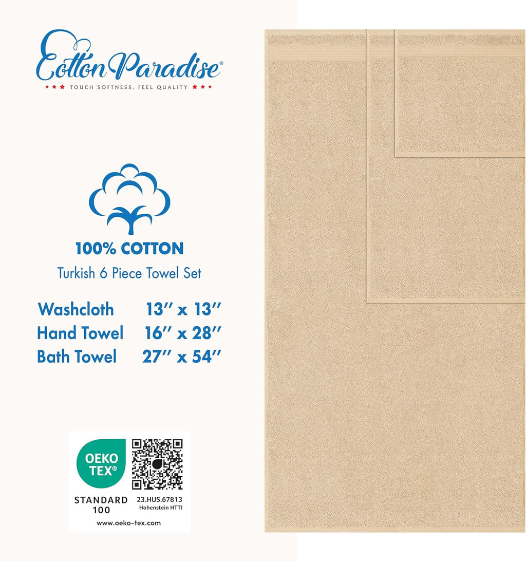 Cotton Paradise 6 Piece Towel Set, 100% Cotton Soft Absorbent Turkish Towels for Bathroom, 2 Bath Towels 2 Hand Towels 2 Washcloths, Beige Towel Set