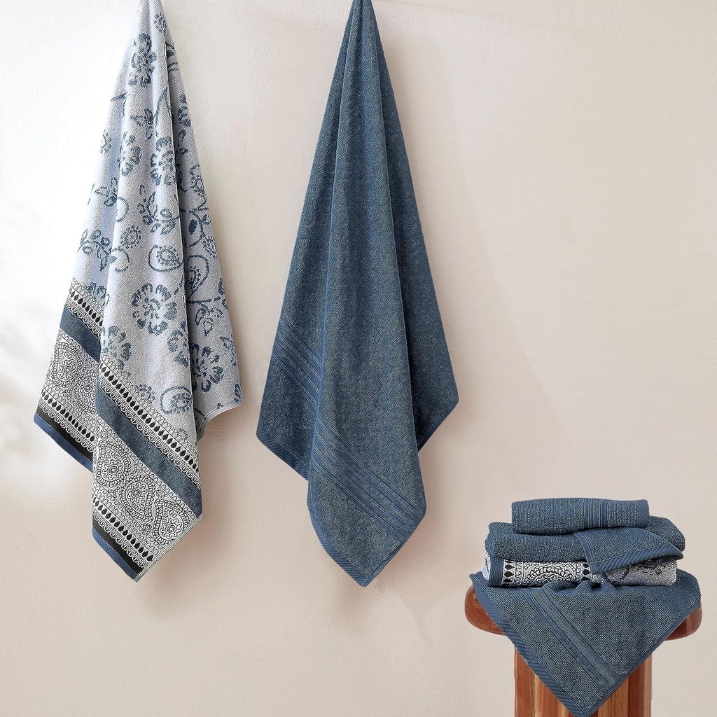 Modern Threads Floral Trail 6-Piece 100% Cotton Towel Set – Reversible Yarn Dyed Jacquard - Includes 2 Bath Towels, 2 Hand Towels, 2 Washcloths – Absorbent, Quick Dry, Soft & Durable – Navy