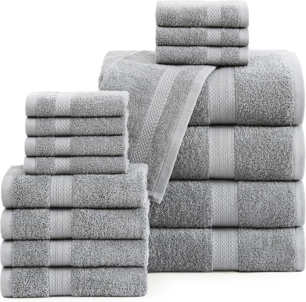LANE LINEN 100% Cotton Turkish Towel Set for Bathroom - 16 Piece - Super Soft, Quick Dry & Highly Absorbent - 4 Bath, 8 Wash cloths, 4 Hand Towels - Hotel Quality, Durable & OEKO-TEX Certified - Grey