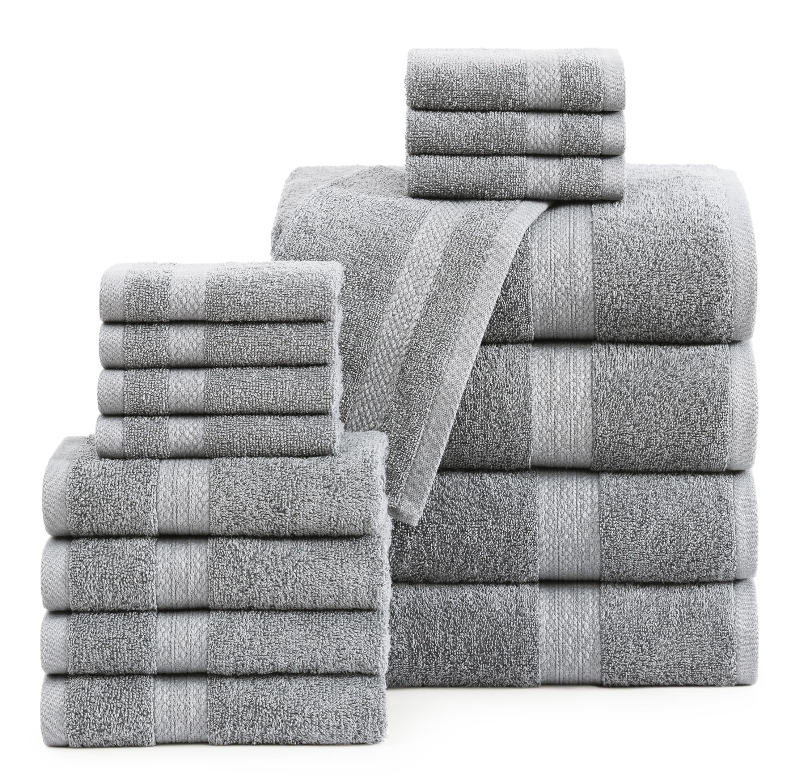 LANE LINEN 100% Cotton Turkish Towel Set for Bathroom - 16 Piece - Super Soft, Quick Dry & Highly Absorbent - 4 Bath, 8 Wash cloths, 4 Hand Towels - Hotel Quality, Durable & OEKO-TEX Certified - Grey