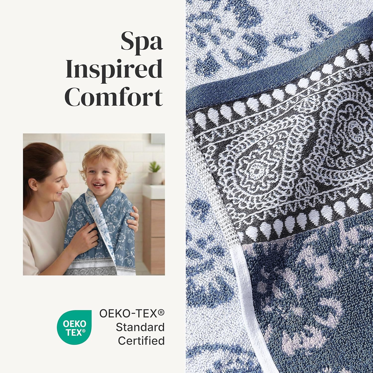 Modern Threads Floral Trail 6-Piece 100% Cotton Towel Set – Reversible Yarn Dyed Jacquard - Includes 2 Bath Towels, 2 Hand Towels, 2 Washcloths – Absorbent, Quick Dry, Soft & Durable – Navy